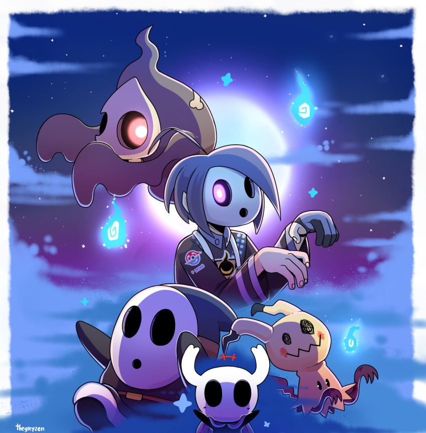 2019 :o allister_(pok&eacute;mon) ambiguous_gender arthropod bone clothed clothing cowlick crossover duskull footwear ghost gloves glowing glowing_eyes gym_leader hair handwear headgear hollow_knight human insect looking_at_viewer male mammal mario_bros mask mimikyu moon night nintendo pok&eacute;mon pok&eacute;mon_(species) protagonist_(hollow_knight) purple_eyes shirt shoes shyguy skull spirit star thegreyzen topwear vessel_(species) video_games