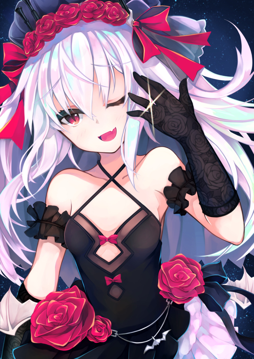 1girl ;d azur_lane bangs bare_shoulders black_dress black_gloves bow breasts collarbone commentary_request criss-cross_halter dress elbow_gloves eyebrows_visible_through_hair fang flower glint gloves hair_between_eyes hair_bow hair_flower hair_ornament halterneck hand_up highres jewelry long_hair one_eye_closed open_mouth otogi_kyouka red_bow red_dress red_eyes ring silver_hair small_breasts smile solo vampire_(azur_lane) very_long_hair