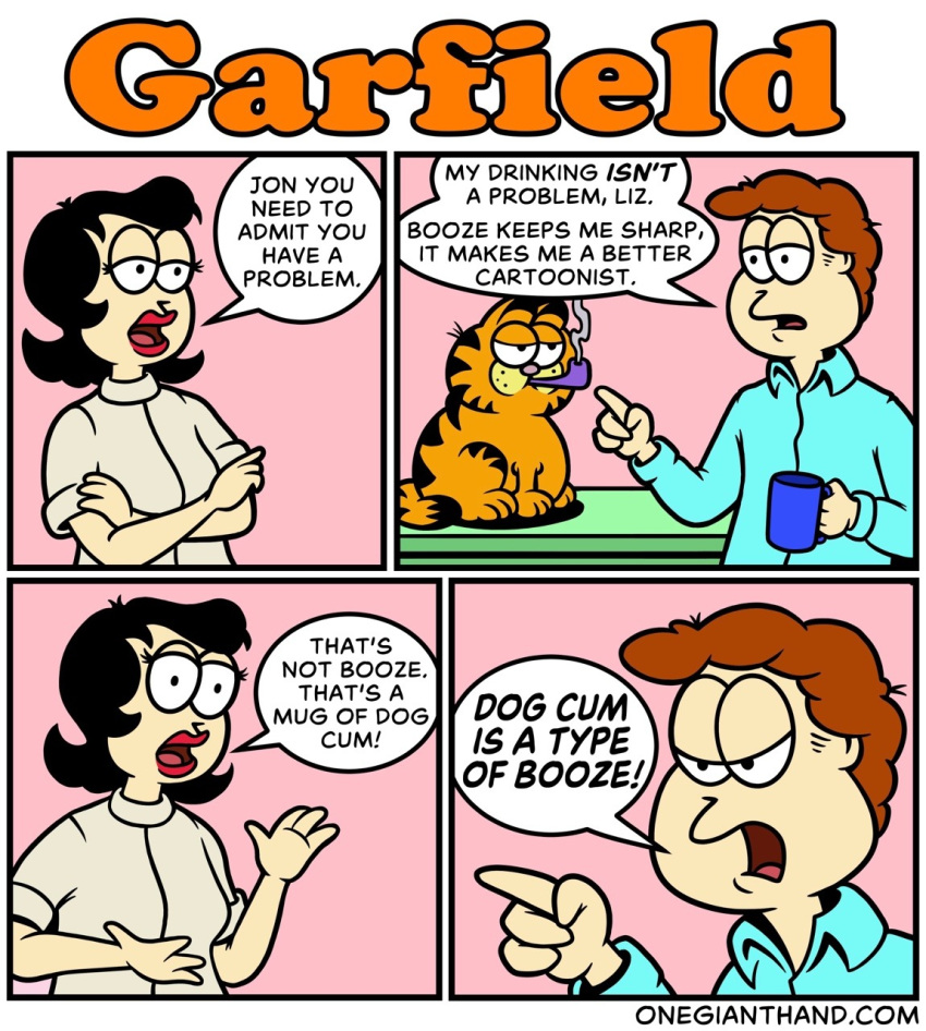 black_hair border brown_hair comic cup domestic_cat felid feline felis fur garfield garfield_(series) hair human humor jon_arbuckle liz_wilson mammal onegianthand orange_body orange_fur parody pipe signature smoking speech_bubble veterinarian white_border