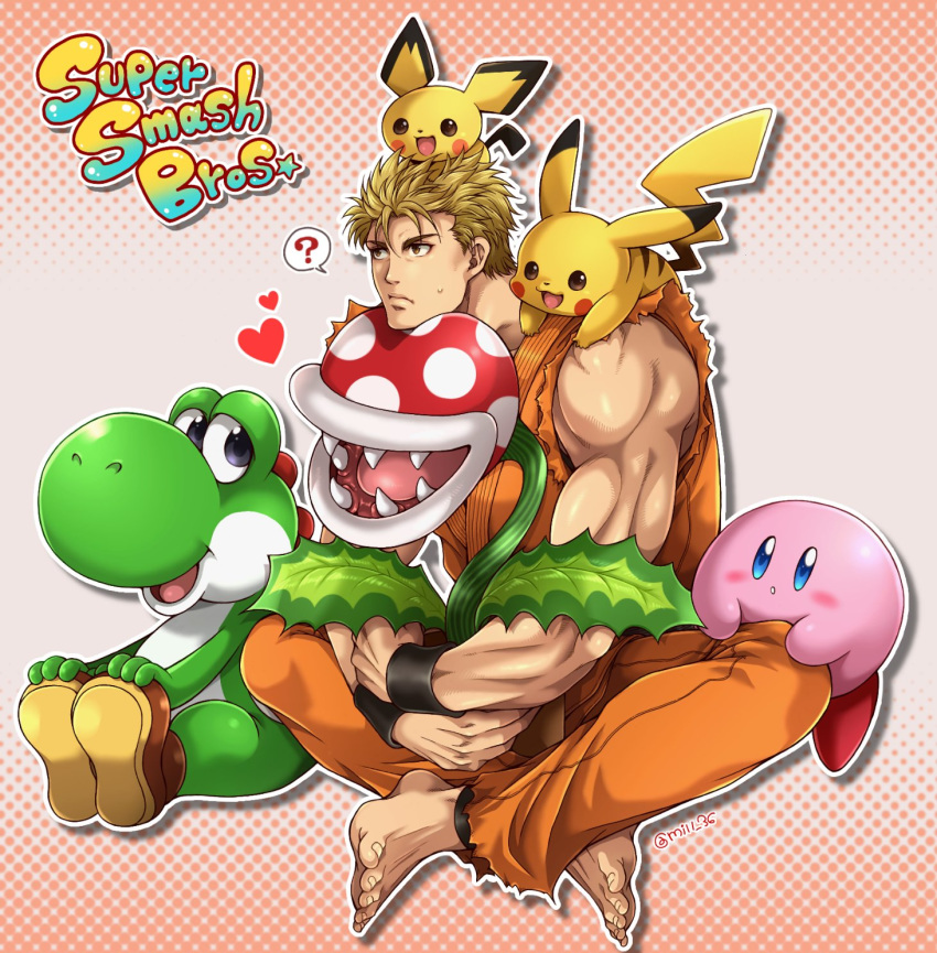 ? blonde_hair blue_eyes brown_footwear crossover dougi flower_pot highres kirby kirby_(series) mario_(series) miru_(mill_36) on_head on_shoulder pichu pikachu piranha_plant pokemon ryou_sakazaki ryuuko_no_ken short_hair super_smash_bros. yoshi