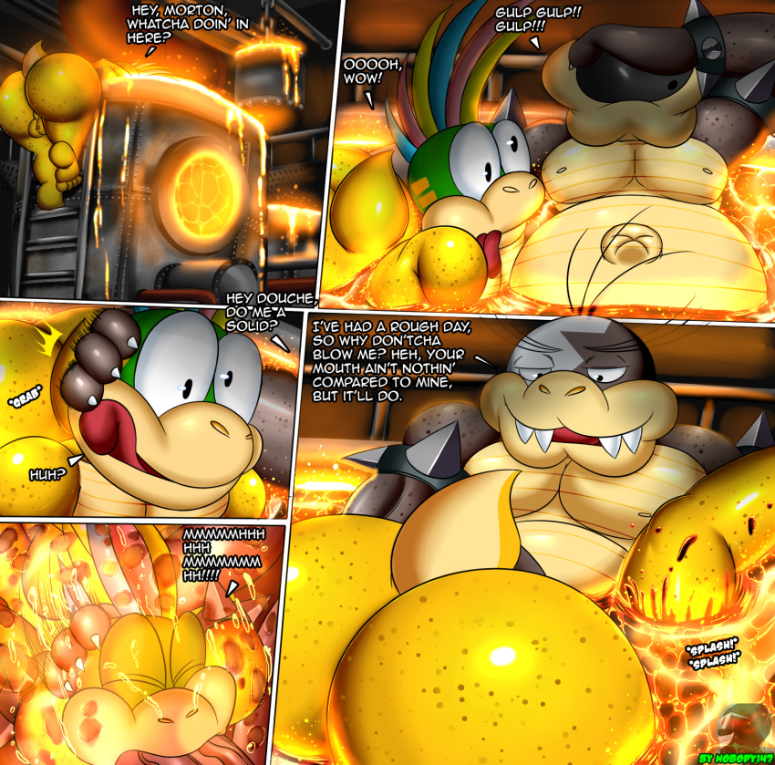 balls big_butt butt cannonball comic eyes_closed forced forced_oral koopa koopaling ladder lava lemmy_koopa looking_down male male/male mario_bros morton_koopa_jr. nintendo nobody147 oral penis scalie sex text tongue tongue_out video_games