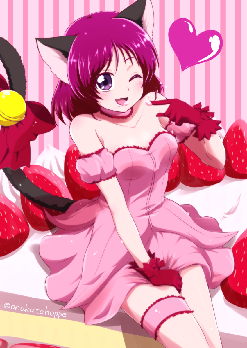 1girl ;d absurdres animal_ears bell bow breasts cat_ears cat_tail cleavage cosplay detached_sleeves gloves hand_on_lap highres index_finger_raised long_hair looking_at_viewer medium_breasts mew_ichigo mew_ichigo_(cosplay) miniskirt niita one_eye_closed open_mouth pink_background pink_skirt pink_sleeves precure purple_eyes red_bow red_gloves red_hair shiny shiny_hair short_sleeves sitting skirt smile solo strapless striped striped_background tail tail_bell tail_bow thigh_strap tokyo_mew_mew twitter_username yes!_precure_5 yes!_precure_5_gogo! yumehara_nozomi