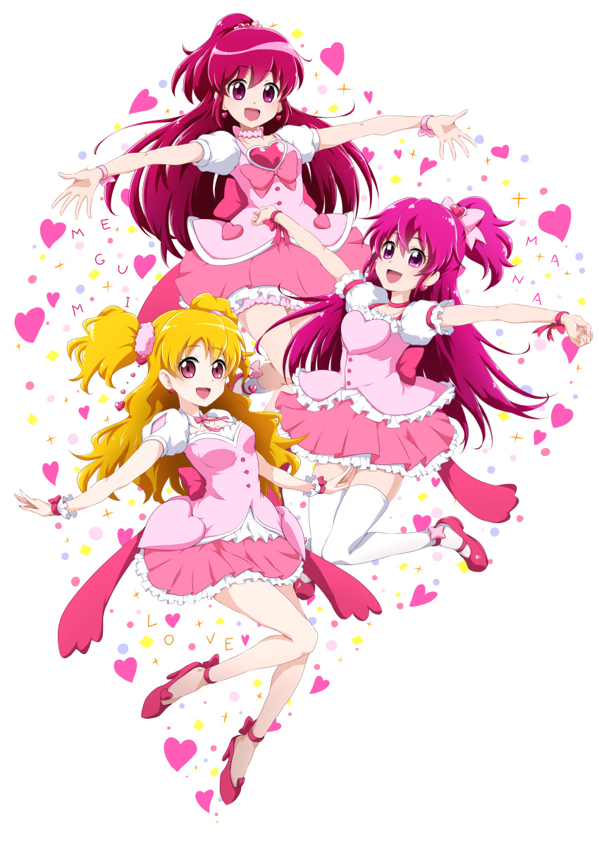 3girls :d absurdres aida_mana aino_megumi back_bow blonde_hair bow character_name character_request dokidoki!_precure floating_hair fresh_precure! full_body hair_ornament happinesscharge_precure! high_heels highres layered_skirt long_hair looking_at_viewer mary_janes miniskirt multiple_girls niita one_side_up open_mouth outstretched_arms outstretched_hand pink_ribbon pink_shirt pink_skirt pleated_skirt precure pumps red_bow red_eyes red_footwear red_hair ribbon shiny shiny_hair shirt shoes short_sleeves simple_background skirt smile two_side_up very_long_hair white_background white_sleeves wrist_ribbon