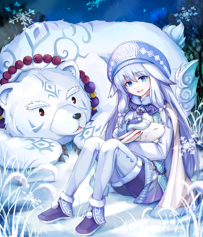 1girl absurdres ainu_clothes animal bead_necklace beads bear blue_eyes blue_hair bunny cape fate/grand_order fate_(series) hat highres holding holding_animal jewelry long_hair mittens necklace pantyhose polar_bear shirou_(fate/grand_order) sitonai sitting snow snowflakes thighhighs user_zfhc5573