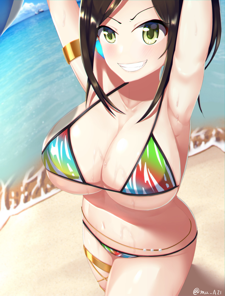 1girl armpits arms_up bangs bare_shoulders beach bikini black_hair blush breasts cleavage collarbone green_eyes grin highres idolmaster idolmaster_cinderella_girls large_breasts long_hair looking_at_viewer ma_azi mukai_takumi navel ocean parted_bangs ponytail rainbow_bikini smile solo swimsuit thigh_strap