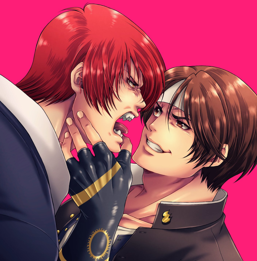 2boys fingerless_gloves gloves hand_on_another's_face headband highres kusanagi_kyou miru_(mill_36) multiple_boys open_mouth red_hair school_uniform sharp_teeth short_hair smirk teeth the_king_of_fighters tongue tongue_out yagami_iori