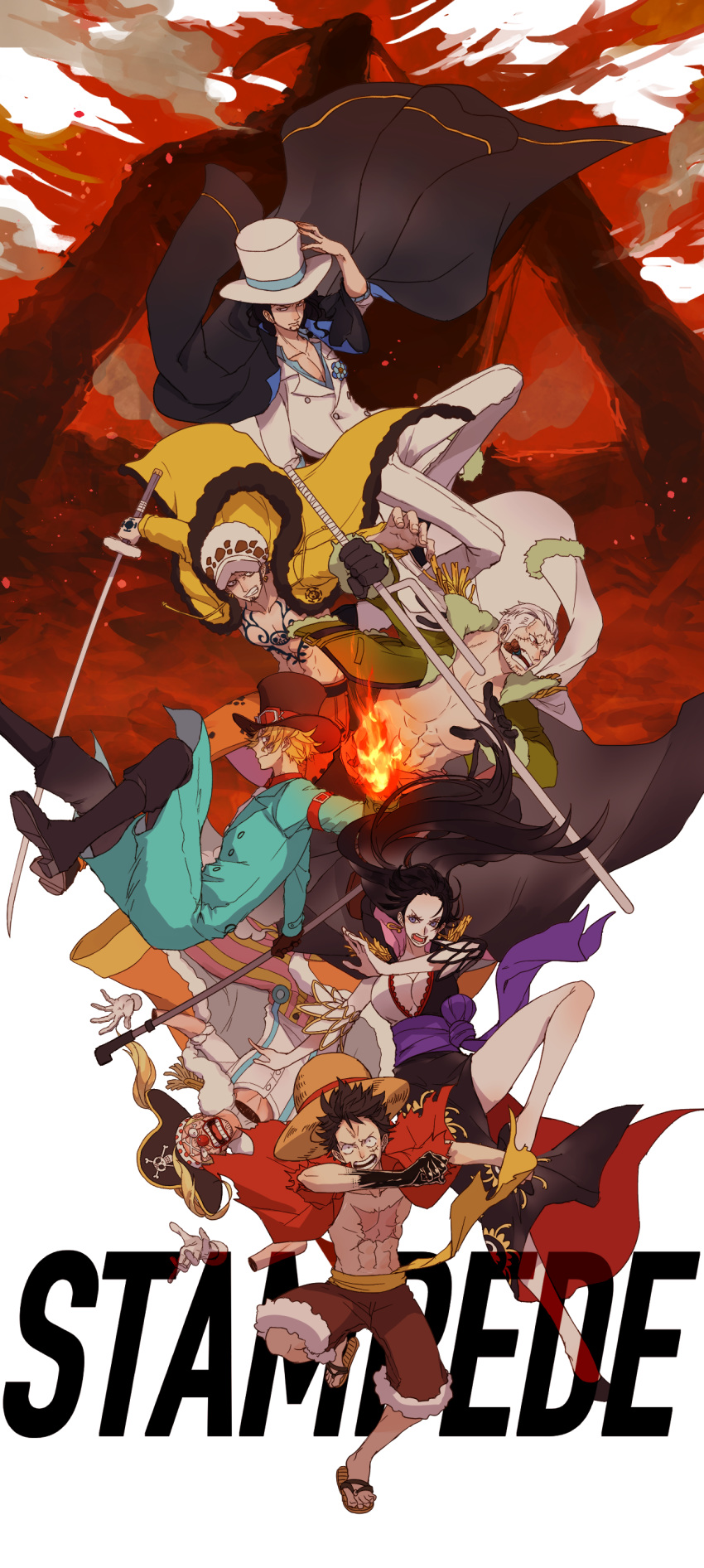 1girl 6+boys absurdres beard black_hair blonde_hair boa_hancock boots breasts buggy_the_clown cape cigar cleavage clown dress facial_hair flower formal full_body gloves haki hat high_heels highres jitte katana kieshi_heta long_hair monkey_d_luffy multiple_boys one_piece one_piece:_stampede pole red_nose rob_lucci sabo_(one_piece) sandals scar shoes shorts simple_background smoker_(one_piece) suit sword top_hat trafalgar_law weapon white_background white_hair