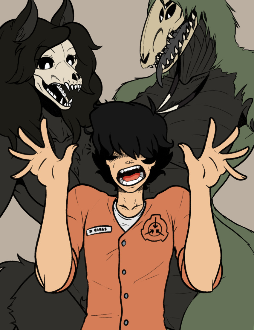 2019 animal_humanoid anthro black_body black_fur black_hair bone breasts canid canine clothed clothing digital_media_(artwork) female fur hair human humanoid jodelr lizard male male/female mammal monster nude open_mouth reptile ryan_d_decker_(jodelr) scalie scp-1471 scp-682 scp_foundation skull teeth tongue undead