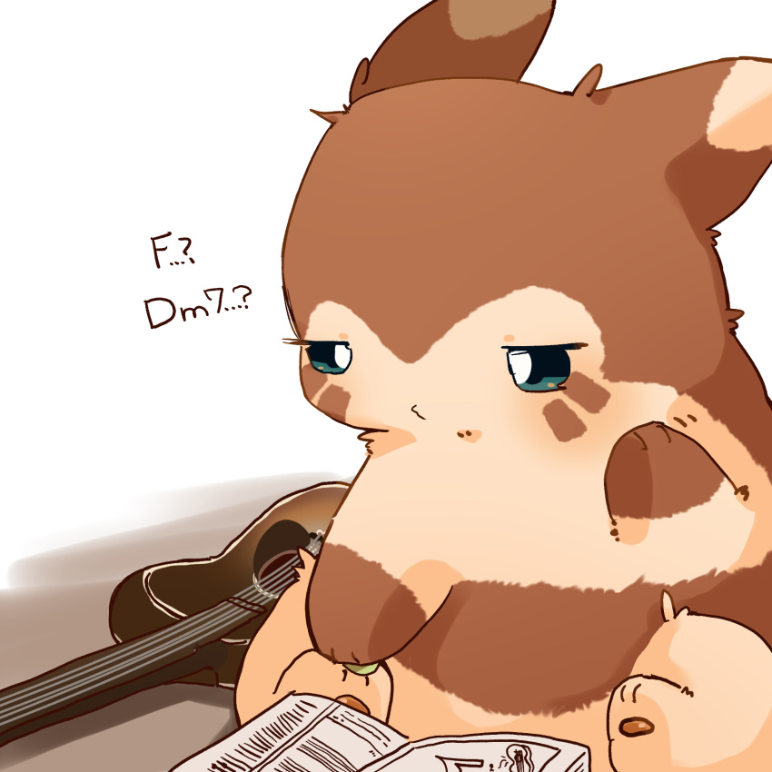 2019 brown_body brown_fur fur furret ke_mo_suke musical_instrument nintendo pok&eacute;mon pok&eacute;mon_(species) reading simple_background sitting solo text video_games