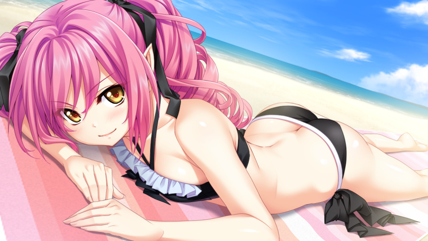 1girl ass barefoot beach bikini butt_crack copyright_request day dutch_angle flat_chest foreshortening game_cg hair_ribbon horizon kannatsuki_noboru long_hair lying on_stomach outdoors pink_hair pointy_ears ribbon smile solo swimsuit twintails yellow_eyes