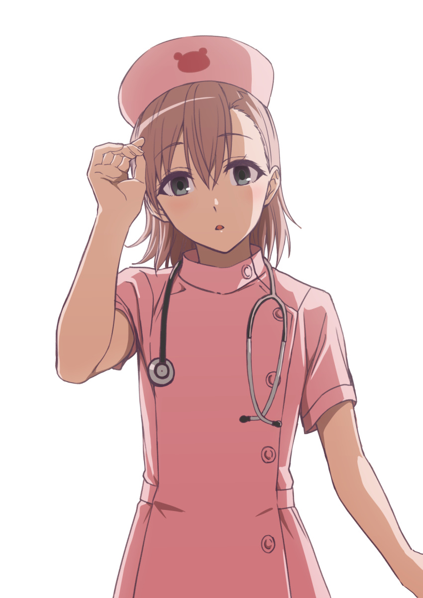 1girl adjusting_hair arms_up brown_hair grey_eyes hat highres looking_at_viewer medium_hair misaka_imouto nurse nurse_cap open_mouth short_sleeves simple_background solo stethoscope to_aru_majutsu_no_index upper_body white_background zai_(pixiv)