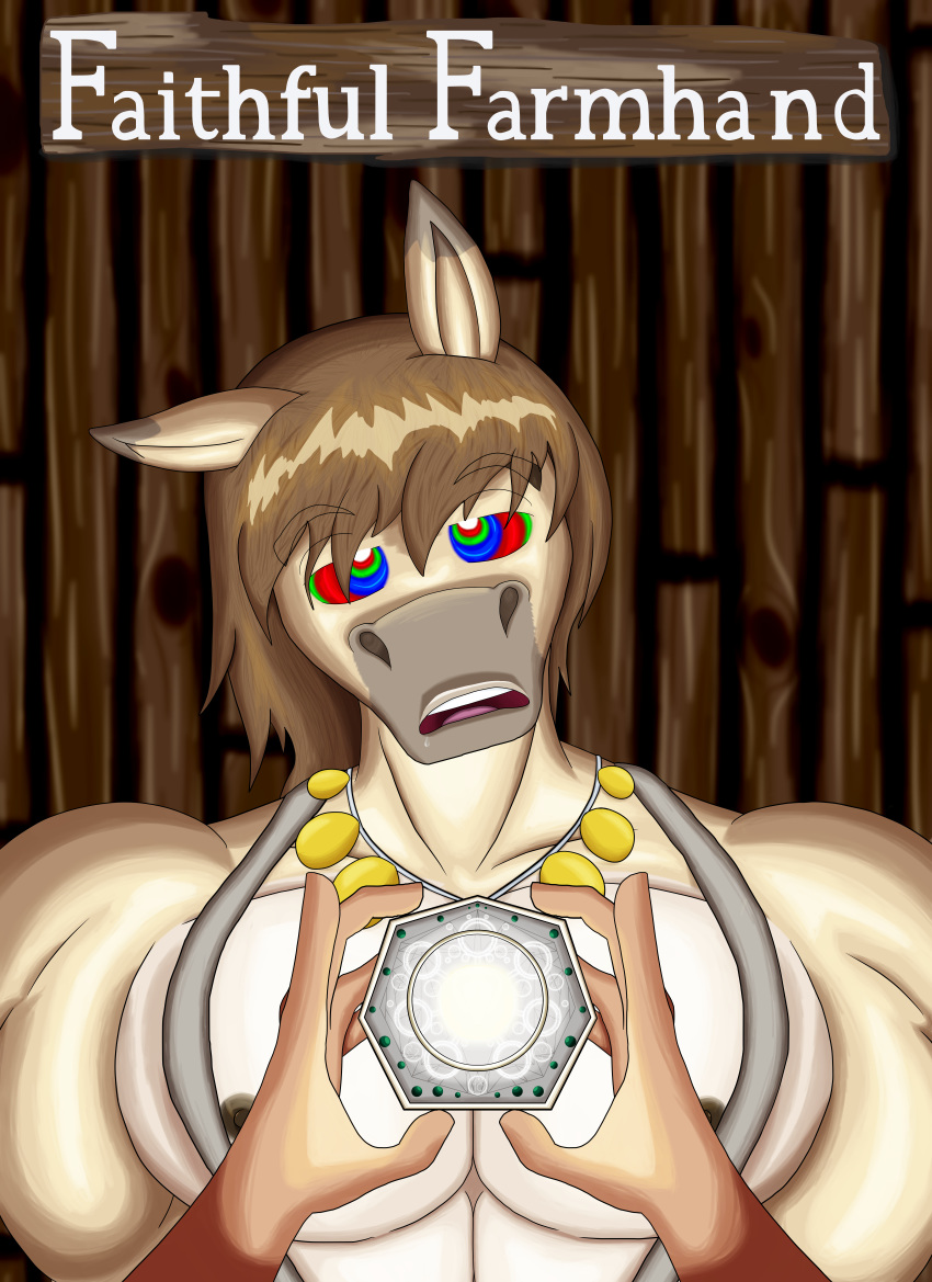 2019 5_fingers absurd_res anthro big_pecs bodily_fluids detailed_background digital_drawing_(artwork) digital_media_(artwork) drooling duo equid equine fingers fur gem glowing head_tilt hi_res holding_(disambiguation) horse humanoid hypnosis ion_park jewelry male mammal mind_control muscular muscular_male necklace nipples open_mouth pecs pendant ringed_eyes saliva soft_shading standing submissive submissive_male superabsurd_res suspenders tan_body tan_fur