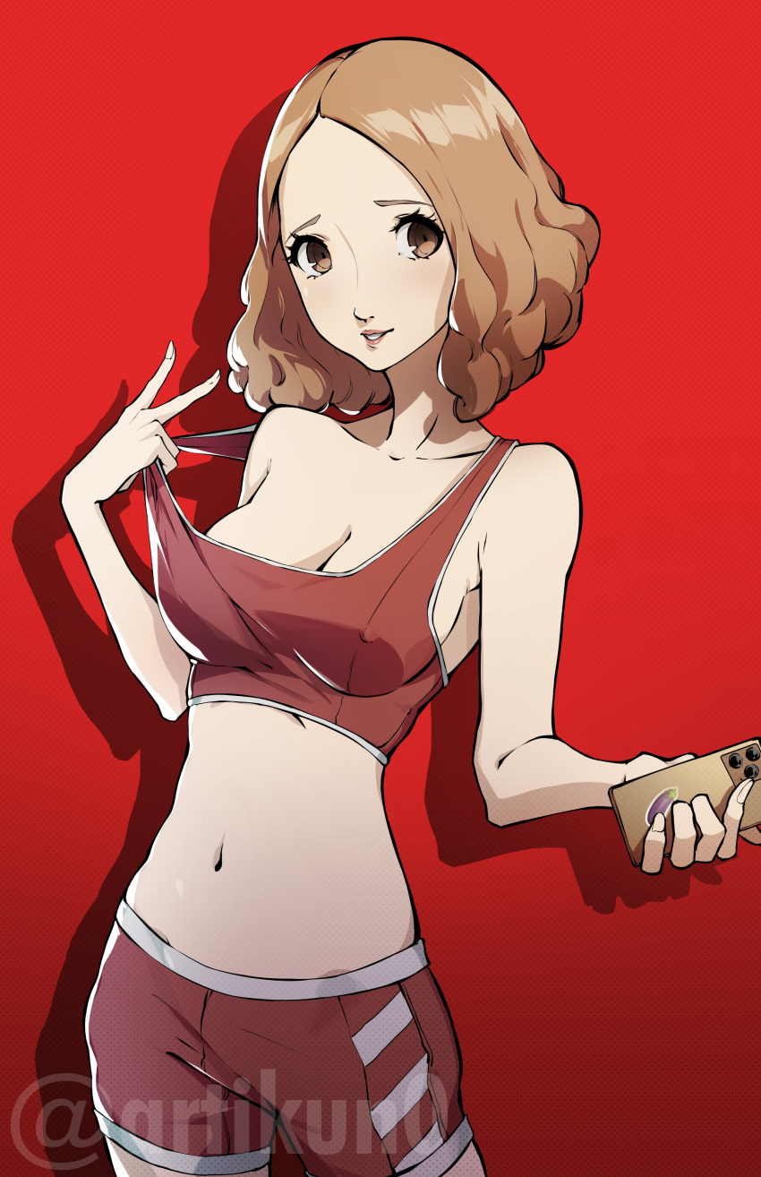 1girl absurdres artist_name bike_shorts brown_eyes brown_hair highres kuno_(runkunochan) looking_at_viewer midriff navel okumura_haru persona persona_5 red_shorts red_sports_bra short_hair shorts signature smile solo sports_bra tank_top twitter twitter_username