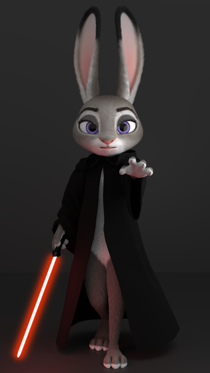 2019 3d_(artwork) anthro black_background black_clothing black_robe claws clothing digital_media_(artwork) disney eyebrows eyelashes female fingers fur grey_body grey_fur hi_res holding_object holding_weapon judy_hopps lagomorph leporid lightsaber long_ears looking_at_viewer mammal melee_weapon melo mostly_nude multicolored_body multicolored_ears multicolored_fur open_mouth pink_nose purple_eyes rabbit simple_background sith solo standing star_wars teeth toes weapon white_body white_fur zootopia