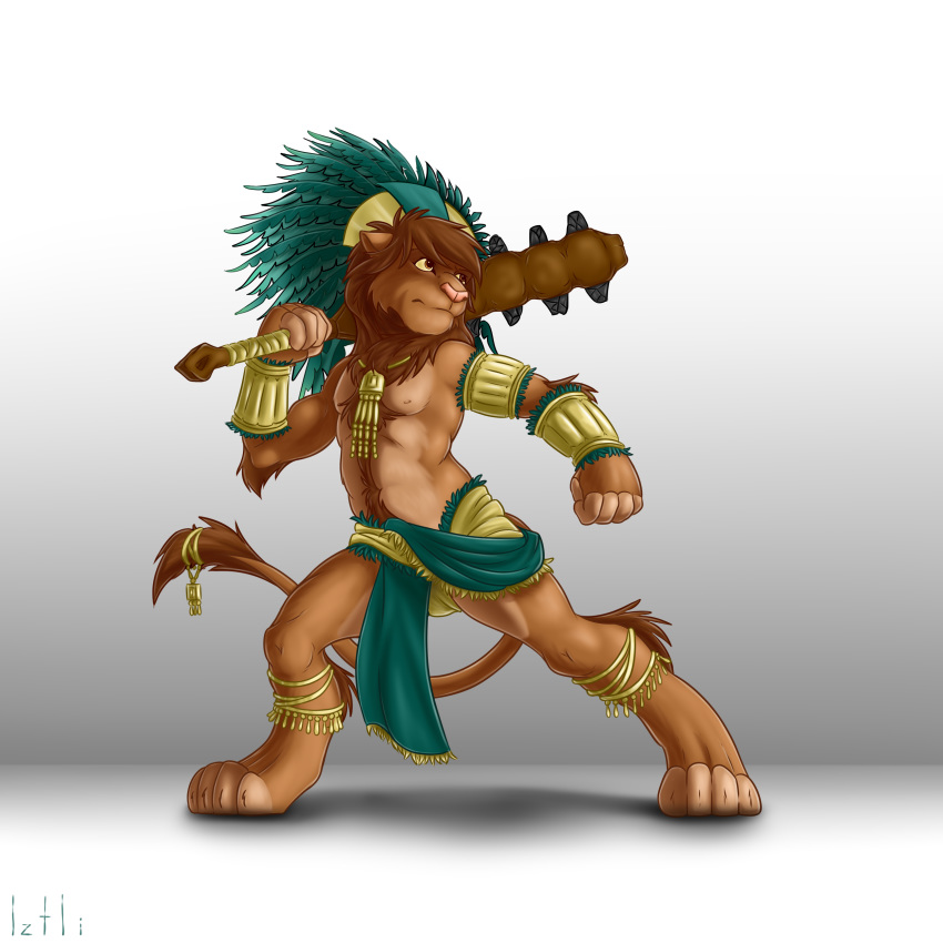 1:1 2014 4_toes 5_fingers absurd_res anklet anthro armlet barefoot biped bracelet brown_body brown_eyes brown_fur brown_hair clothed clothing digitigrade feathers felid fingerless_(marking) fingers fur grey_background hair headdress hi_res iztli jewelry lion loincloth macuahuitl male mammal pantherine simple_background solo standing tail_jewelry toeless_(marking) toes topless tribal warrior weapon yellow_sclera