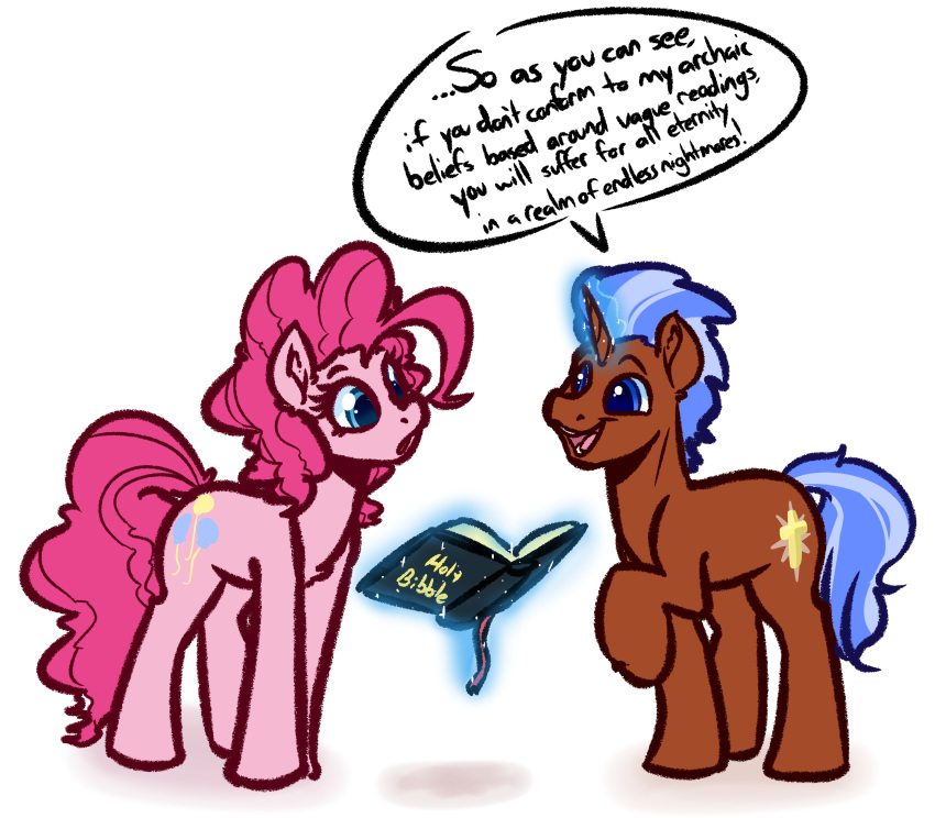 2019 absurd_res bible book duo earth_pony english_text equid equine fan_character female feral friendship_is_magic hair hi_res horn horse mammal my_little_pony pinkie_pie_(mlp) pony religion text unicorn witchtaunter
