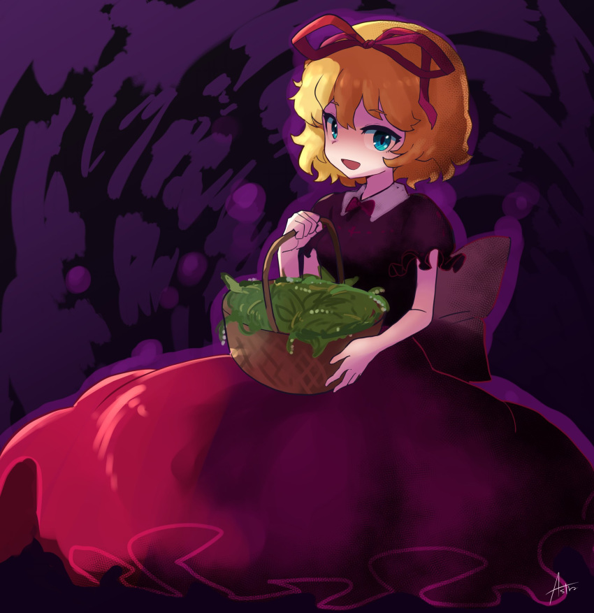 1girl artist_name asutoro_(s--t) aura basket black_shirt blonde_hair blue_eyes bow bowtie collared_shirt commentary dark_aura frilled_sleeves frills hair_ribbon highres holding holding_basket leaf long_sleeves looking_at_viewer medicine_melancholy open_mouth red_neckwear red_ribbon red_skirt ribbon shirt short_hair short_sleeves signature sitting skirt smile solo touhou