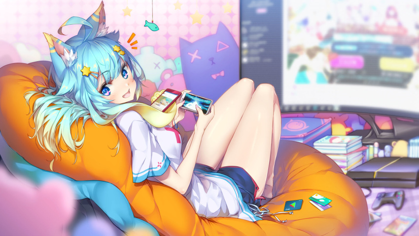 /\/\/\ 1girl :d ahoge animal_ears aqua_hair bare_legs barefoot bean_bag_chair blonde_hair blurry blurry_background blurry_foreground boyshorts breasts cat_ears cellphone controller curved_monitor depth_of_field eyebrows_visible_through_hair fang fate/grand_order fate_(series) game_console game_controller google_play gradient_hair hair_ornament hairclip highres hong_(white_spider) indoors lanmewko looking_at_viewer looking_back multicolored_hair nail_polish open_mouth original phone pink_nails playstation_4 prehensile_hair purple_eyes reclining shirt short_shorts shorts small_breasts smartphone smile solo t-shirt