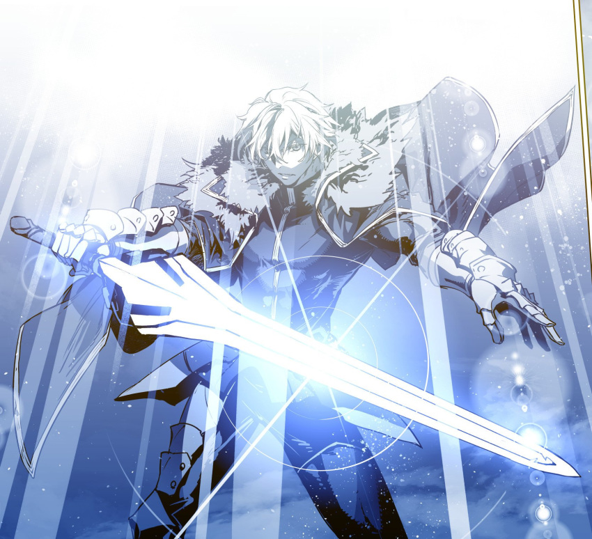 1boy armor blonde_hair blue_eyes cape excalibur_galatine fate/extra fate/grand_order fate_(series) fur_collar gawain_(fate/extra) gawain_(fate/grand_order) highres holding holding_sword holding_weapon ishida_akira knights_of_the_round_table_(fate) long_hair long_sleeves looking_at_viewer male_focus open_mouth solo sword weapon