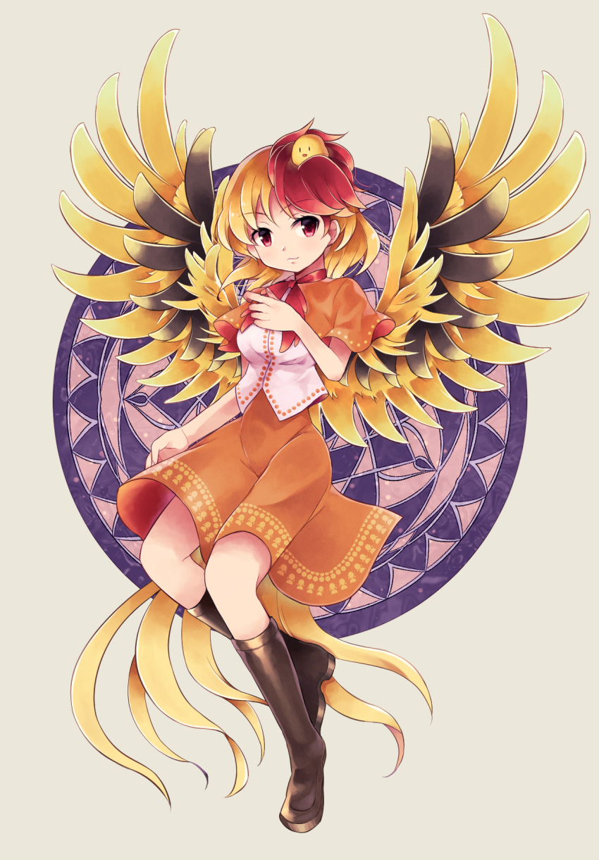 1girl :3 animal animal_on_head bird blonde_hair boots chick feathered_wings highres looking_at_viewer multicolored multicolored_hair multicolored_wings nakukoroni niwatari_kutaka on_head red_eyes red_hair shirt short_hair short_sleeves solo touhou two-tone_hair white_shirt wings