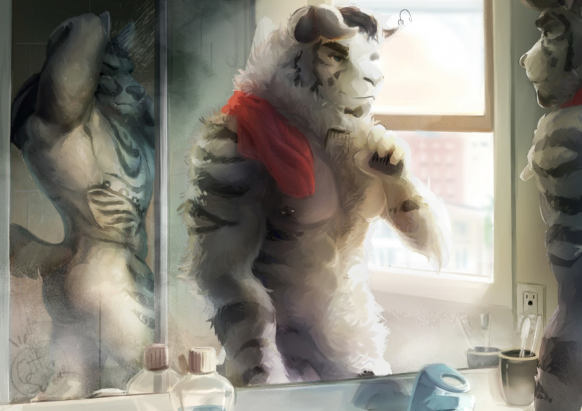 anthro arterian_(character) bathroom brush canid canine canis comb digital_media_(artwork) duo felid frizz fur hairbrush male male/male mammal mirror muscular muscular_male nipples nude otterscience pantherine piercing red_winds shower smile smirk tiger were werecanid werecanine werewolf wet wolf