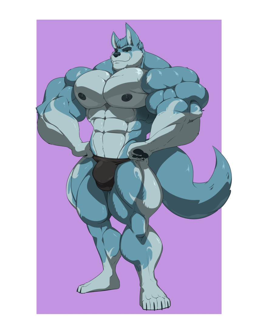 2019 4_toes 5_fingers anthro big_muscles black_nipples black_nose bulge canid canine canis clothing eyebrows fingers flexing fur grey_body grey_fur huge_muscles kartos male mammal multicolored_body multicolored_fur muscular muscular_male nipples pawpads pecs plantigrade solo standing thick_eyebrows toes two_tone_body two_tone_fur underwear wolf