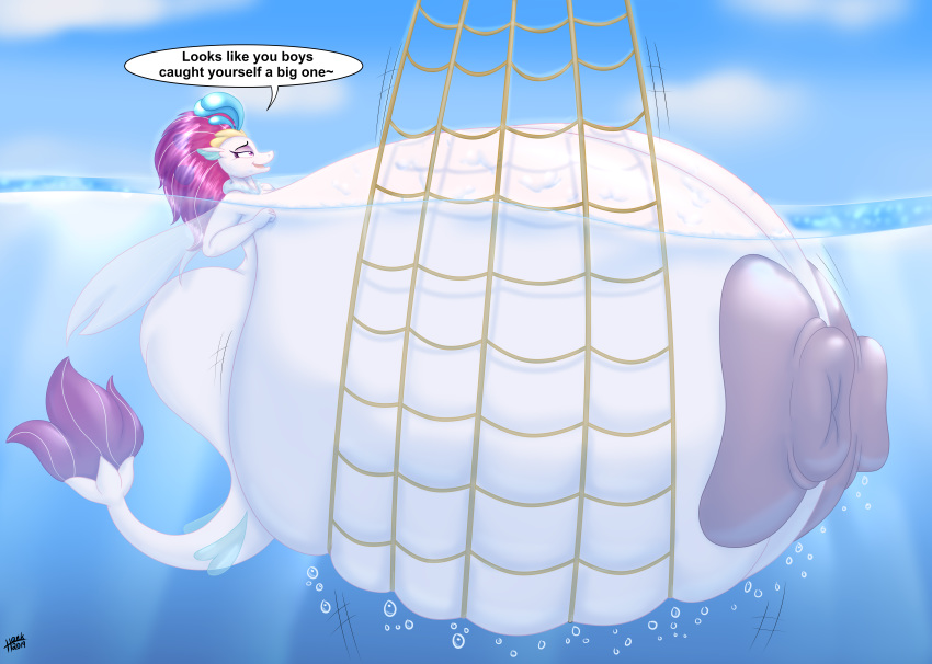 09hankris 2019 absurd_res areola big_breasts blues64 breasts bubble dialogue english_text female fish hi_res huge_breasts hyper hyper_breasts marine my_little_pony my_little_pony_the_movie nipples outside partially_submerged queen_novo_(mlp) seahorse side_view solo syngnathid syngnathiform text water