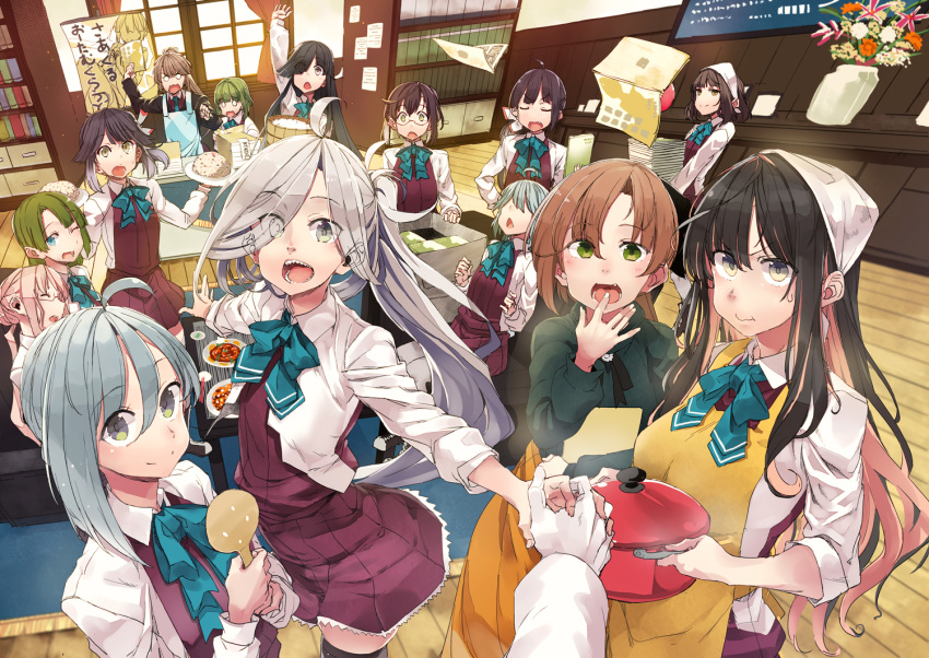 6+girls :d :o ;d admiral_(kantai_collection) ahoge akigumo_(kantai_collection) apron asashimo_(kantai_collection) asymmetrical_bangs bangs black_hair blue_eyes blue_neckwear bob_cut bow bowtie breasts brown_eyes brown_hair closed_eyes dress eyebrows_visible_through_hair facing_viewer flower food fujinami_(kantai_collection) glasses green_eyes green_hair green_sweater grey_eyes grey_hair hair_between_eyes hair_over_eyes hair_over_one_eye hair_ribbon halterneck hamanami_(kantai_collection) hayanami_(kantai_collection) hayashimo_(kantai_collection) hidori_(hibi_toridori) holding holding_food holding_paper holding_pot holding_spoon indoors kantai_collection kazagumo_(kantai_collection) kishinami_(kantai_collection) kiyoshimo_(kantai_collection) large_breasts long_hair long_skirt long_sleeves looking_at_viewer makigumo_(kantai_collection) multicolored_hair multiple_girls naganami_(kantai_collection) okinami_(kantai_collection) one_eye_closed open_mouth orange_apron orange_skirt pantyhose paper pink_hair pleated_dress ponytail pout purple_dress purple_hair purple_legwear ribbon rice school_uniform sharp_teeth shirt short_hair side_ponytail silver_hair skirt sleeping sleeveless sleeveless_dress sleeves_pushed_up smile spoon sweater takanami_(kantai_collection) teeth thighhighs vase very_long_hair wavy_hair white_ribbon white_shirt yellow_eyes yuugumo_(kantai_collection)