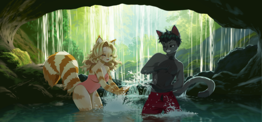 2019 5_fingers akitamonster anthro clothed clothing day detailed_background digital_media_(artwork) domestic_cat eyes_closed felid feline felis female fingers fur grey_body grey_fur male mammal outside partially_submerged smile topless water waterfall