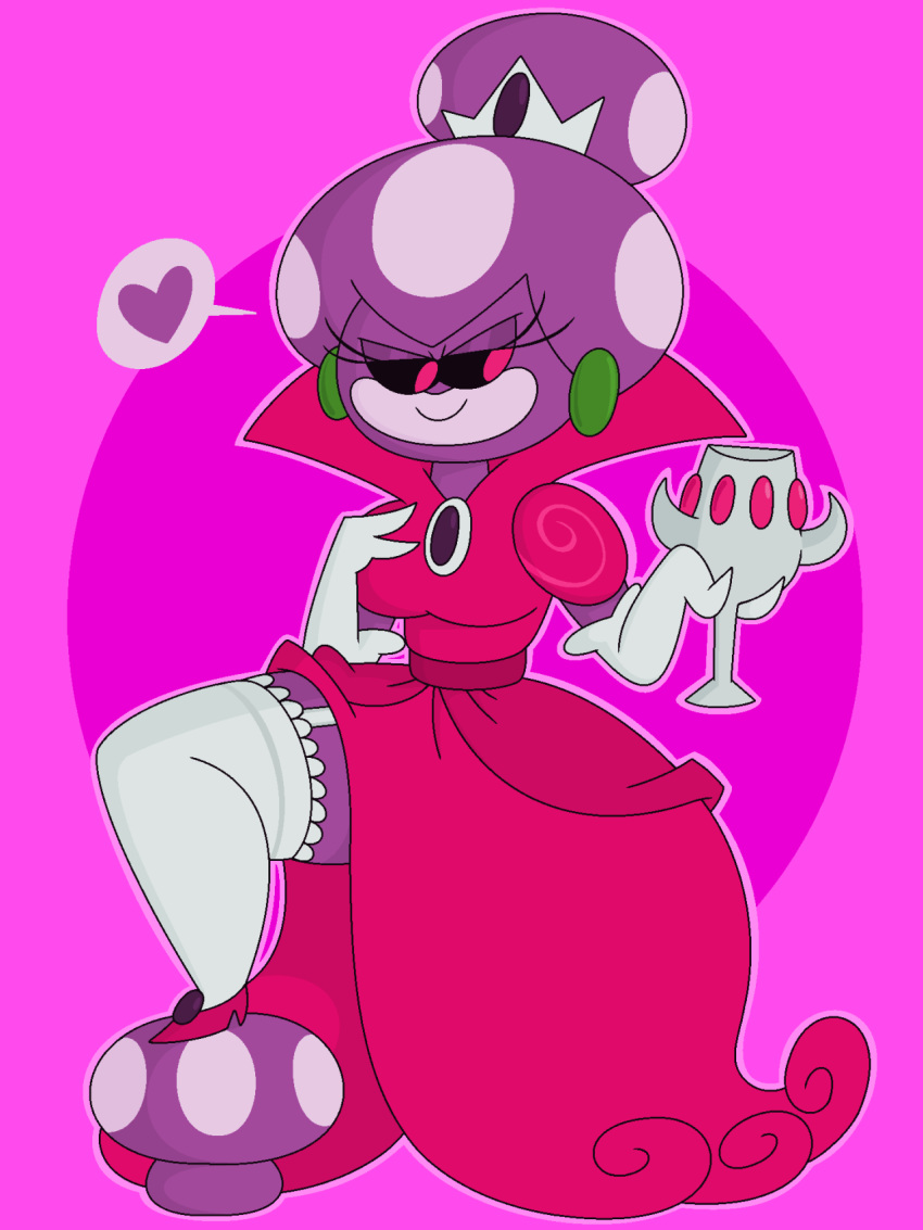 2015 black_sclera broach chalice clothing crown cup dress ear_piercing ear_ring eyelashes footwear garter_straps hand_on_chest high_collar high_heels holding_object humanoid legwear mario_and_luigi_(series) mario_bros nintendo piercing pink_background princess_shroob raised_leg red_eyes shoes shroob simple_background smile thigh_highs tiara two_figers video_games