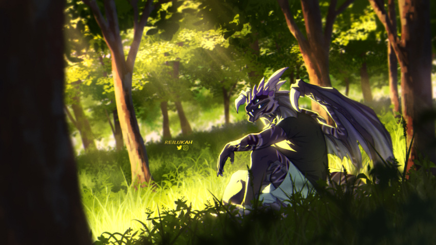 2019 5_fingers anthro day detailed_background digital_media_(artwork) dragon fingers forest grass horn lukiri male membrane_(anatomy) membranous_wings outside scalie sitting solo tree western_dragon wings