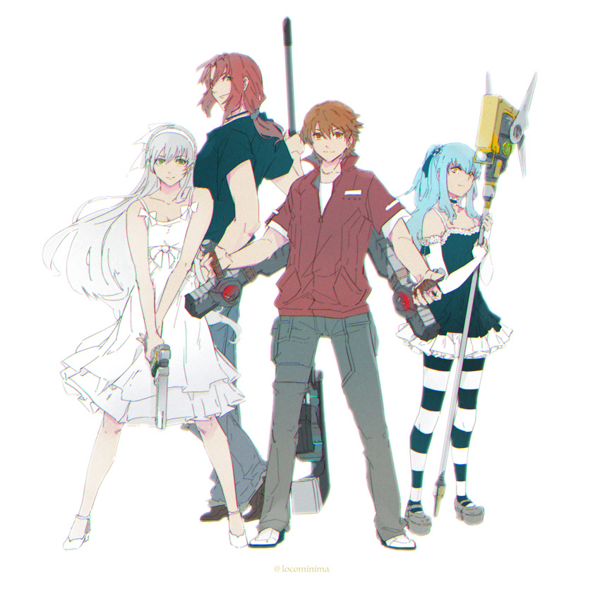 2boys 2girls alternate_hairstyle ao_no_kiseki aqua_hair blue_eyes breasts bridal_gauntlets brown_footwear brown_hair cargo_pants choker cleavage collarbone collared_shirt dress dual_wielding eiyuu_densetsu elie_macdowell frilled_dress frills full_body gloves green_eyes gun hair_ribbon hairband halberd high_heels highres holding lloyd_bannings long_hair looking_at_viewer miche_(locominima) multiple_boys multiple_girls pants pantyhose platform_footwear polearm ponytail randy_orlando red_eyes red_hair ribbon shirt shoes short_dress short_hair short_ponytail silver_footwear silver_hair simple_background sleeveless sleeveless_dress small_breasts smile spaghetti_strap staff standing striped striped_legwear t-shirt tio_plato tonfa twitter_username weapon white_background white_dress white_footwear white_gloves wind yellow_eyes zero_no_kiseki