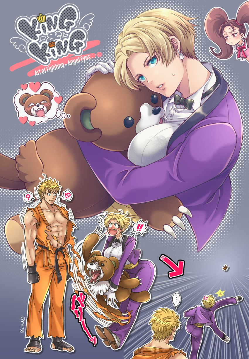 1boy 2girls belt black_belt blonde_hair blue_eyes bow bowtie character_request collared_shirt copyright_request dougi earrings highres jewelry kicking king_(snk) miru_(mill_36) multiple_girls ryou_sakazaki ryuuko_no_ken sash shirt short_hair stuffed_animal stuffed_toy teddy_bear