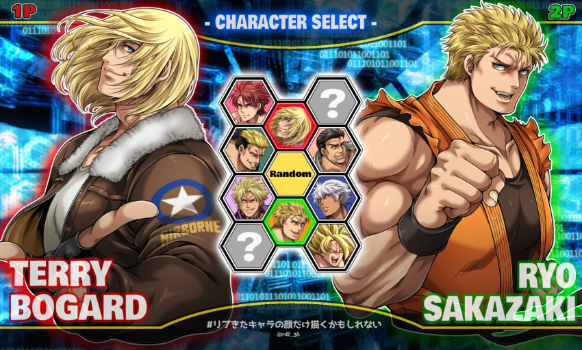 ? alexander_volg_zangief bare_chest blonde_hair character_select clenched_hand crossover dougi dragon_ball dragon_ball_z fatal_fury hajime_no_ippo highres k' miru_(mill_36) multiple_boys open_mouth ryou_sakazaki ryuuko_no_ken shen_woo short_hair snk son_gokuu takuma_sakazaki tan terry_bogard the_king_of_fighters white_hair yamazaki_ryuuji