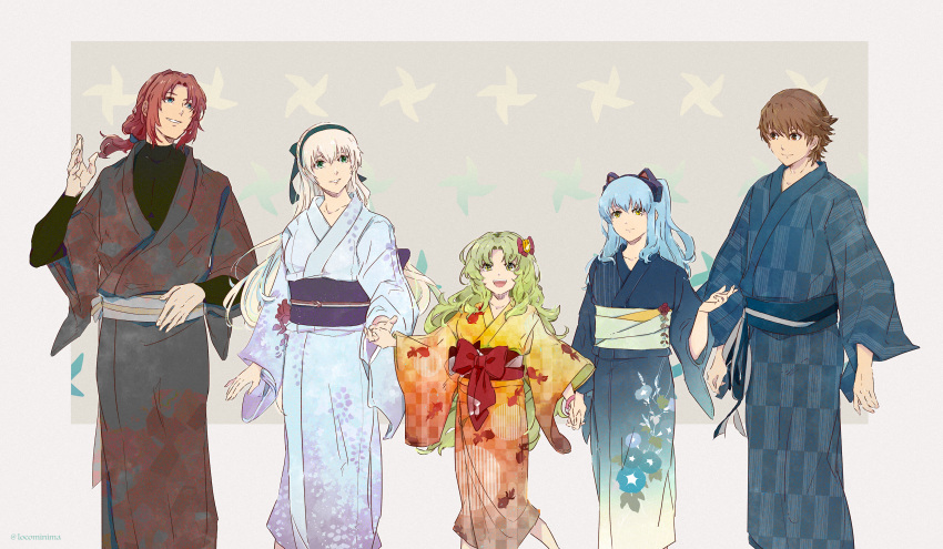 3boys 3girls alternate_costume animal_ears animal_print ao_no_kiseki aqua_hair blue_eyes bodysuit_under_clothes bow brown_eyes brown_hair cat_ears collarbone cowboy_shot eiyuu_densetsu elie_macdowell fake_animal_ears fish_print floral_print goldfish_print green_eyes green_hair grey_background grin hair_bow hair_ribbon hairband headpiece highres holding_hands japanese_clothes kea_(eiyuu_densetsu) kimono lloyd_bannings long_hair long_sleeves looking_at_viewer miche_(locominima) multiple_boys multiple_girls obi open_mouth ponytail randy_orlando red_hair ribbon sash short_hair short_ponytail silver_hair simple_background smile tio_plato twintails twitter_username wide_sleeves wristband yellow_eyes yukata zero_no_kiseki