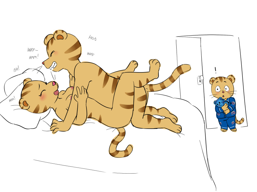 anthro bed blush breasts breath caught collette_tiger cub daniel_striped_tiger daniel_tiger daniel_tiger's_neighborhood felid female furniture husband_and_wife lying male male/female mammal married_couple missionary_position on_back pantherine panting penetration sex sleepytoy tiger vaginal vaginal_penetration young