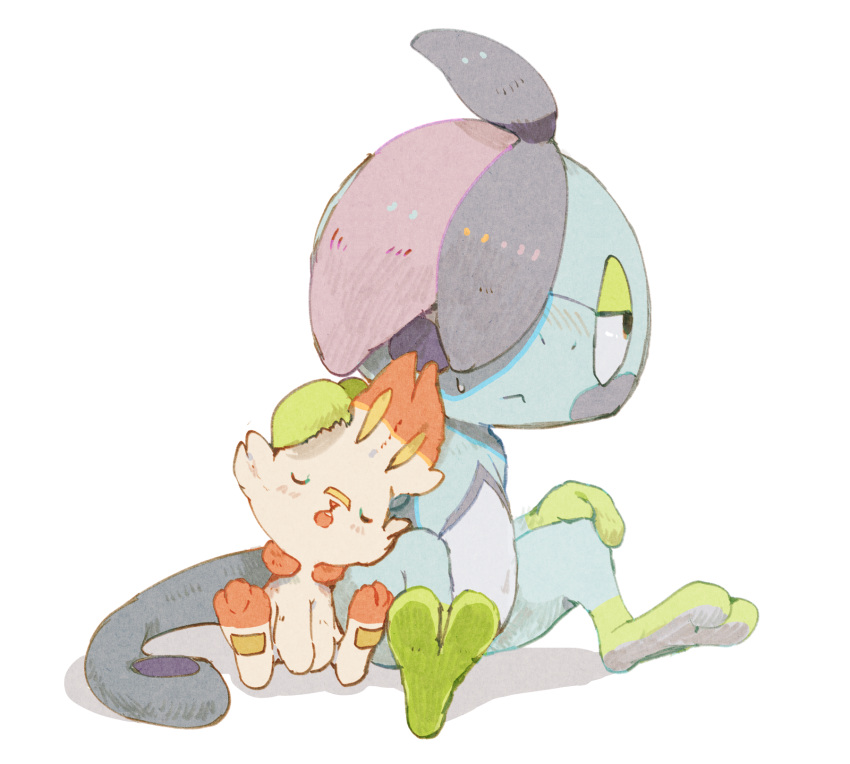 blush commentary_request drizzile full_body gen_8_pokemon highres manino_(mofuritaionaka) no_humans pokemon pokemon_(creature) scorbunny simple_background sitting sleeping sweatdrop white_background