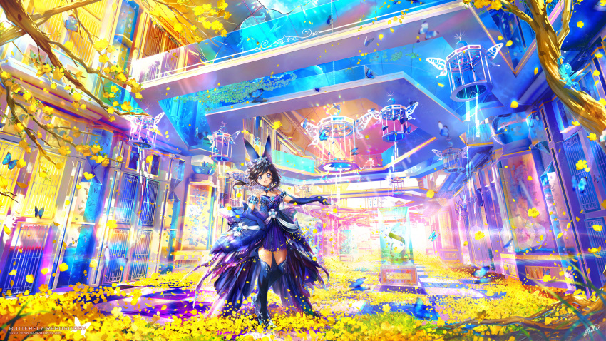 1girl :d animal bare_shoulders black_hair blue_dress blue_footwear blue_gloves boots breasts bug butterfly cage checkered checkered_floor cleavage commentary_request dress elbow_gloves flower gem gloves high_heels highres indoors insect kaze-hime lens_flare medium_hair open_mouth original petals purple_eyes ribbon scenery signature sleeveless sleeveless_dress smile solo standing thigh_boots thighhighs tiara tree watermark web_address white_ribbon wide_shot yellow_flower