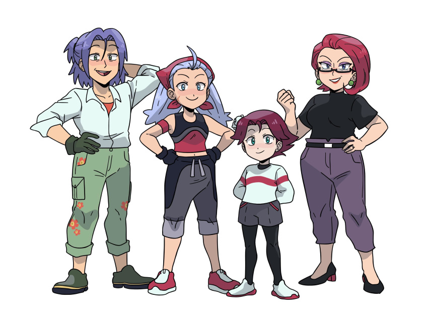 ahoge belt blue_eyes blue_hair blush earrings fankids glasses green_eyes highres jewelry kiana_mai kojirou_(pokemon) musashi_(pokemon) pants pokemon pokemon_(anime) red_hair team_rocket