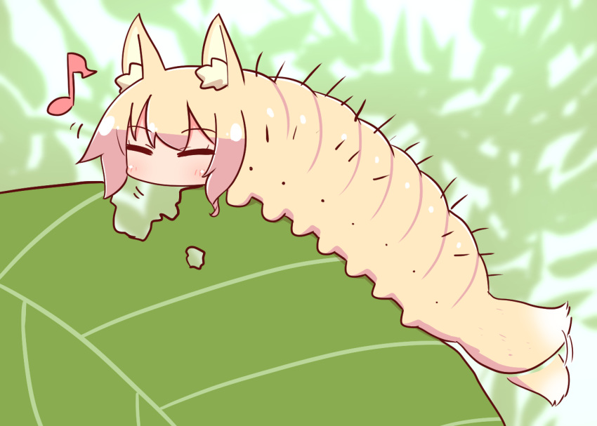 1girl afterimage animal animal_ear_fluff animal_ears animalization bangs blonde_hair blurry blurry_background blush caterpillar closed_eyes depth_of_field eating eighth_note eyebrows_visible_through_hair fox_ears fox_girl fox_tail kemomimi-chan_(naga_u) larva leaf long_hair musical_note naga_u original sidelocks solo tail tail_wagging