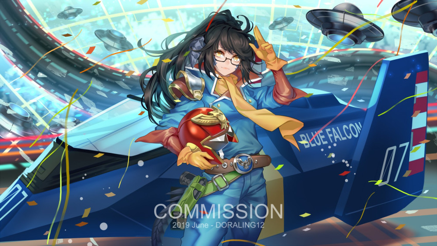 1girl arm_up belt black_hair blush brown_eyes captain_falcon captain_falcon_(cosplay) closed_mouth commission cosplay eyebrows_visible_through_hair f-zero final_fantasy final_fantasy_xiv glasses gloves highres ling_(doraling12) long_hair looking_at_viewer miqo'te ponytail salute smile yellow_gloves
