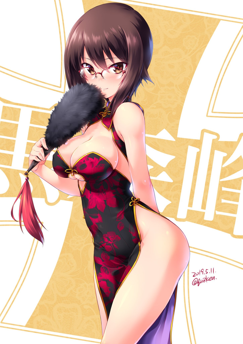 1girl arm_behind_back bangs bespectacled breasts brown_eyes brown_hair china_dress chinese_clothes cleavage cleavage_cutout closed_mouth commentary_request dated dress emblem fan feather_fan floral_print folding_fan girls_und_panzer glasses highres holding holding_fan kuromorimine_(emblem) kuzuryuu_kennosuke large_breasts looking_at_viewer nishizumi_maho no_panties over-rim_eyewear print_dress red-framed_eyewear red_dress semi-rimless_eyewear short_hair side_slit simple_background smile solo standing thighs twitter_username white_background