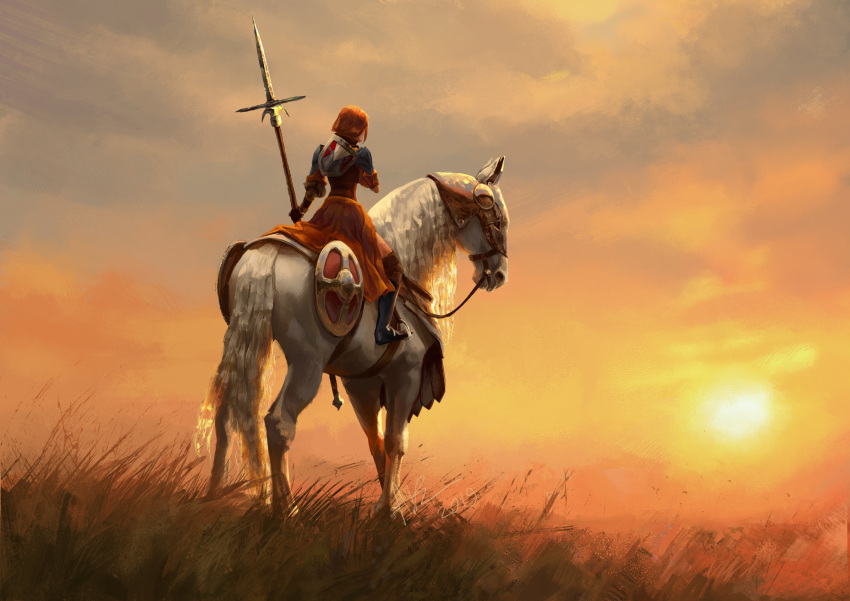 1girl absurdres fatratfartart fire_emblem fire_emblem:_three_houses grass highres holding holding_weapon horse horseback_riding lance leonie_pinelli orange_hair painted polearm reins riding saddle shield short_hair spear sunset weapon