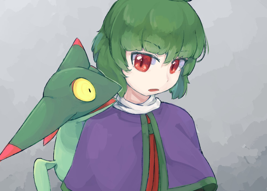 2019 adagumo_no_saragimaru ambiguous_gender animal_humanoid asian_mythology cape clothed clothing digital_media_(artwork) dreepy east_asian_mythology green_hair grey_background hair half-length_portrait humanoid japanese_mythology len'en mythology nintendo not_furry open_mouth pok&eacute;mon pok&eacute;mon_(species) portrait red_eyes reptile reptile_humanoid scalie scalie_humanoid simple_background snake_humanoid video_games yellow_sclera yuejiao_tuan yōkai