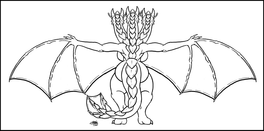absurd_res big_breasts big_butt breasts butt dragon hi_res horn hydra kaiju line_art monochrome monster multi_head rear_view skianous thick_tail tiamat_(skianous) wide_hips wings wyvern