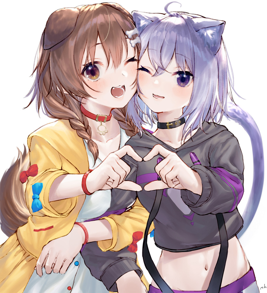 animal_ears breast_hold hololive hololive_gamers inugami_korone inumimi nekomata_okayu nekomimi tail takubon_(xewh4773)