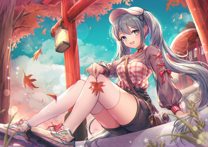 aqua_hair autumn breasts camera cleavage clouds green_eyes hatsune_miku leaves ozzingo see_through shorts shrine sky thighhighs torii twintails vocaloid zettai_ryouiki