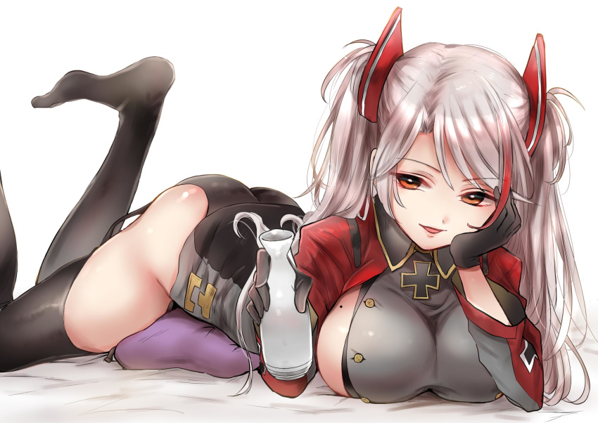 1girl ass azur_lane bangs bed_sheet bikini black_bikini black_gloves black_legwear book breasts chin_rest commentary elbow_rest emilio_(tetsukazu_no_ao) eyebrows_visible_through_hair garter_straps gloves grey_jacket hair_ornament half-closed_eyes highres holding holding_book iron_cross jacket large_breasts legs_up long_hair long_sleeves looking_at_viewer lying mole mole_on_breast multicolored_hair on_bed on_stomach open_mouth pillow prinz_eugen_(azur_lane) red_eyes side_cutout silver_hair simple_background skindentation smile solo streaked_hair swimsuit thighhighs two_side_up white_background