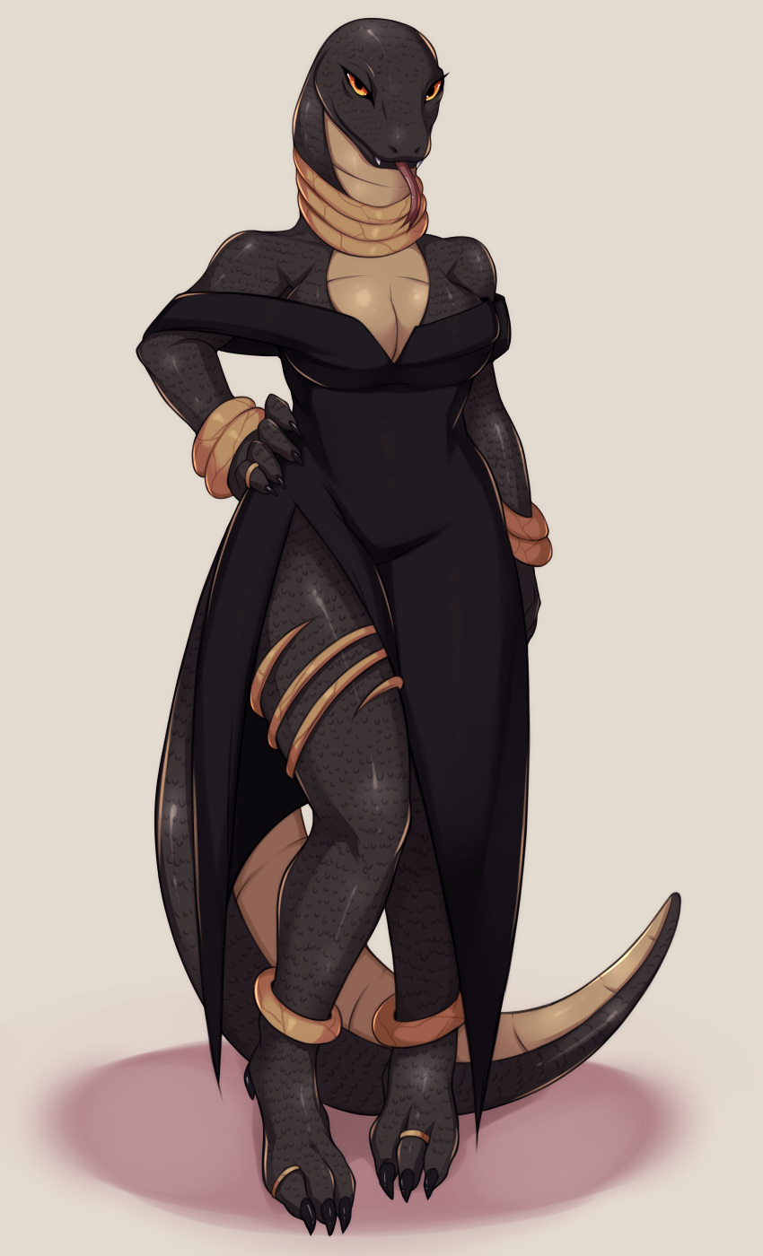 5-ishart absurd_res anthro breasts claws cleavage clothed clothing dress elapid_(snake) fangs female hi_res ida jewelry looking_at_viewer mamba orange_eyes reptile scales scalie simple_background snake solo standing tongue tongue_out