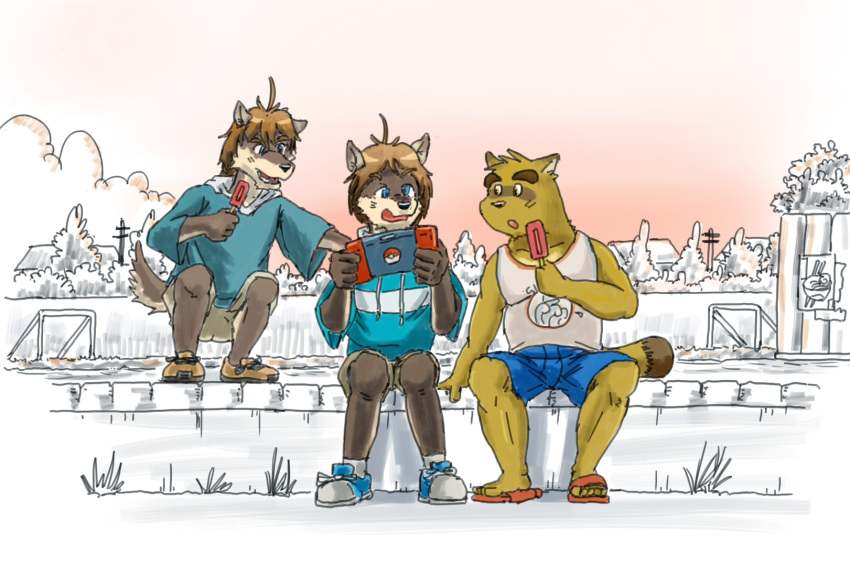 2019 anthro bottomwear brown_body brown_fur canid canine canis clothing detailed_background fur group hoodie male mammal morenatsu nanafuse nintendo nintendo_switch outside raccoon_dog shirt shorts shun_(morenatsu) sitting slightly_chubby tanuki topwear video_games wolf young yukiharu_kuri 馬賽克